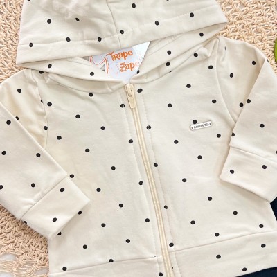 Conj. Jaqueta de Moletom Poá e Calça Legging - Creme e Preto